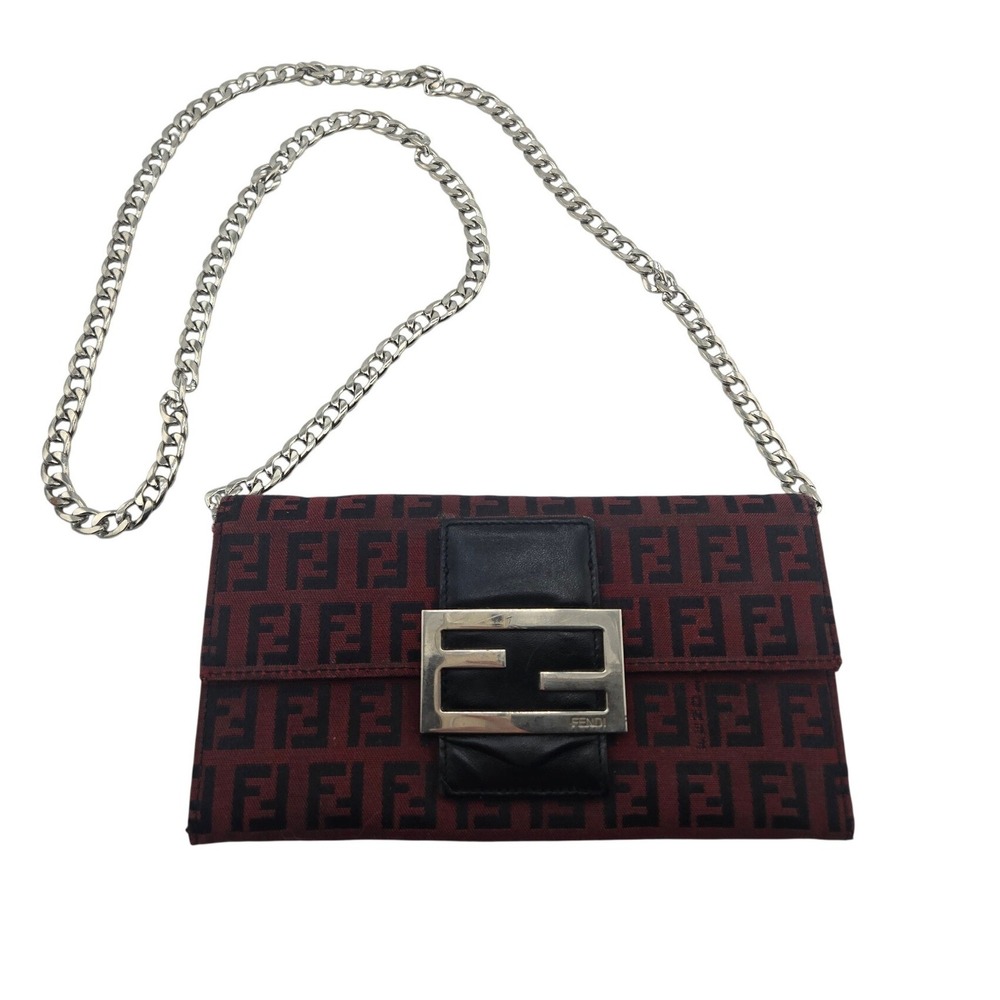 Fendi Zucca Monogram Canvas Mamma Baguette Clutch Bag Burgundy Black Vintage